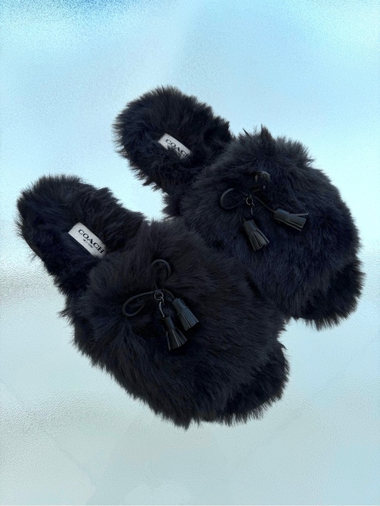 Coach Shoes - COACH Zoe Black Faux Fur Fuzzy Tassel Peep-Toe Slide Slippers ~ Women’s 7